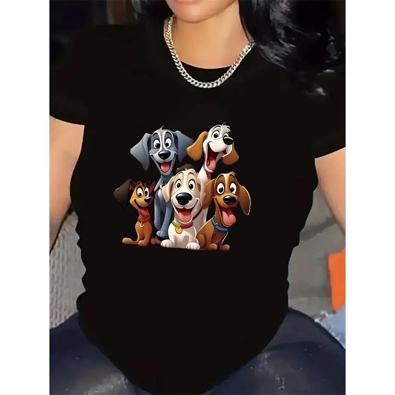 Cute Beagle & Basset Hound Print T-Shirt - Lightweight Durable Polyester Short Sleeve Round Neck Top with Beagles, Bassetts & Hounds Characters,