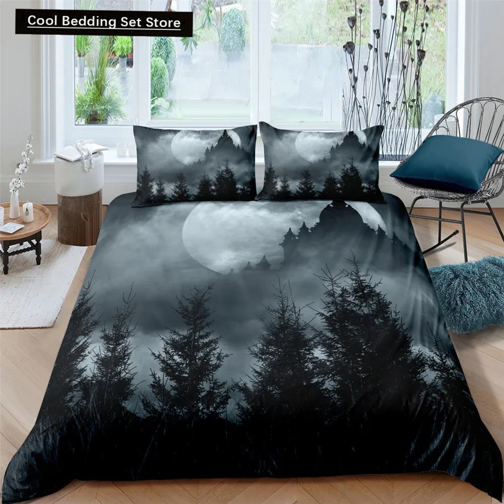 Moon Night Scene King Queen Duvet Cover Red Dark Sky Sunset Clouds Bedding Set Teens Adults Forest 2/3Pcs Polyester Quilt Cover
