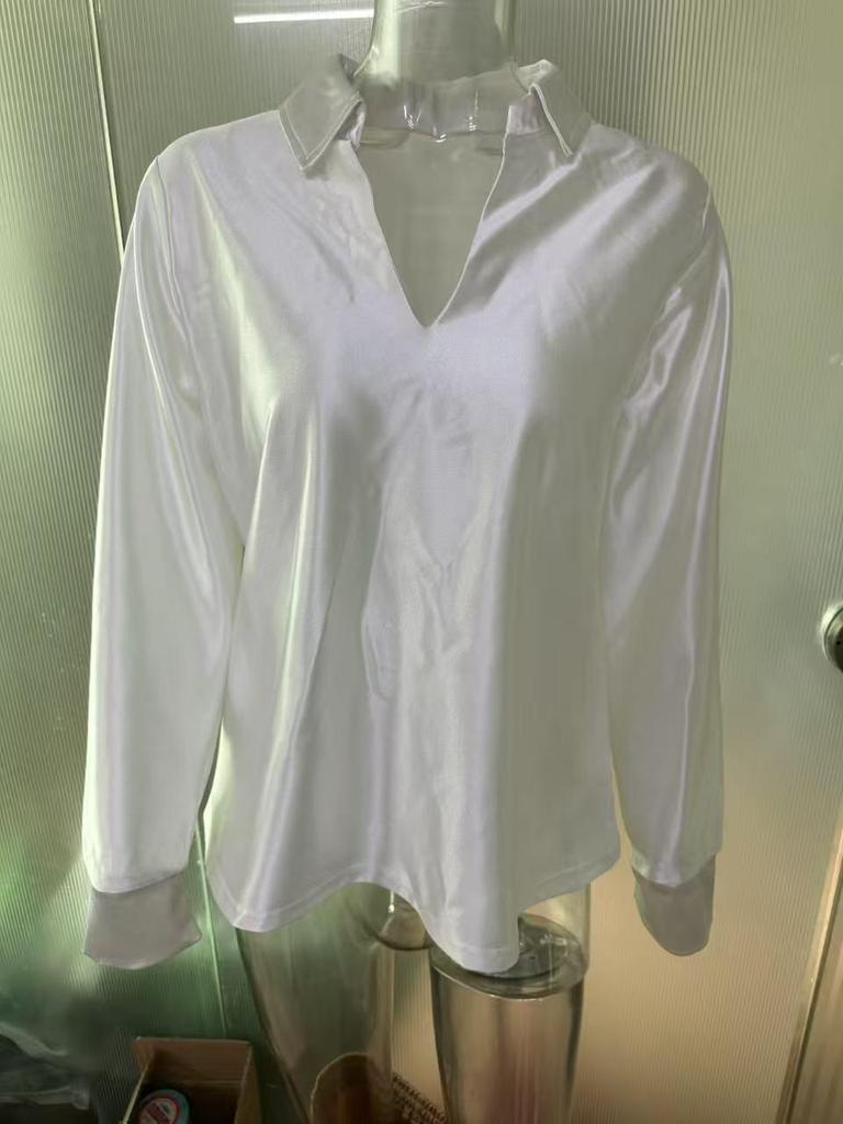 2025 Autumn Elegant Women's Deep V-neck Long Sleeve Shirt - Solid Color, Commuting Style