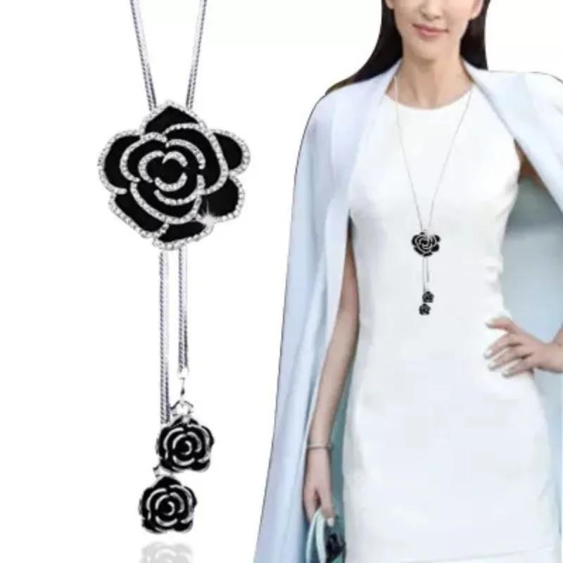Fashion Fresh Black Rose Flower Long Tassel Sweater Chain Necklace for Women Retro Charm Zircon Pendant Temperament Jewelry Gift