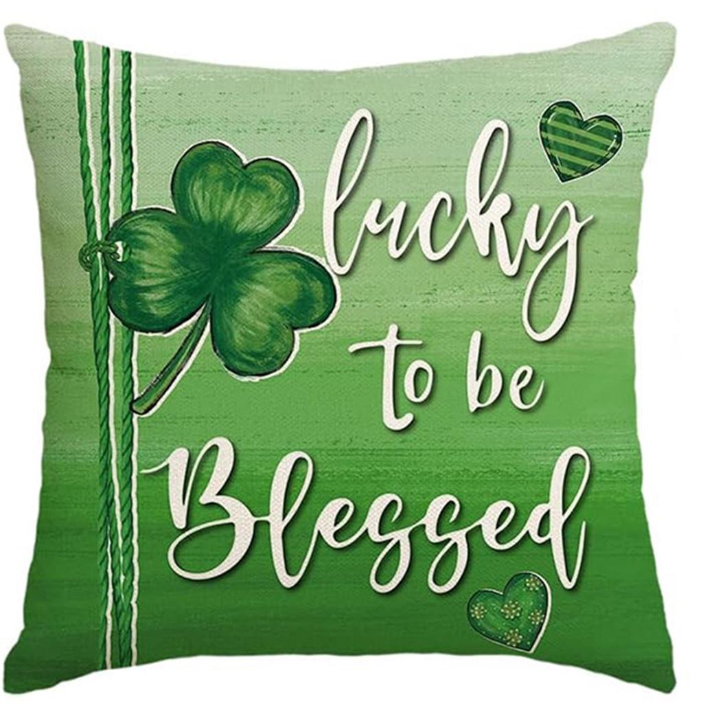 St. Patrick's Day Pillow Cover Line Printed Pillow Cover Green Four-leaf Crocodile Cushion Cover