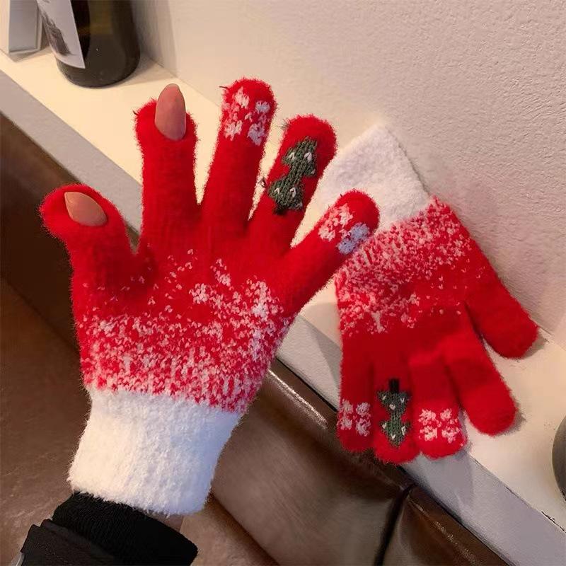 

Women s Fluffy Fingerless Touchscreen Snowflake Gloves - Fleece Lined for Autumn and Winter One Size червоний