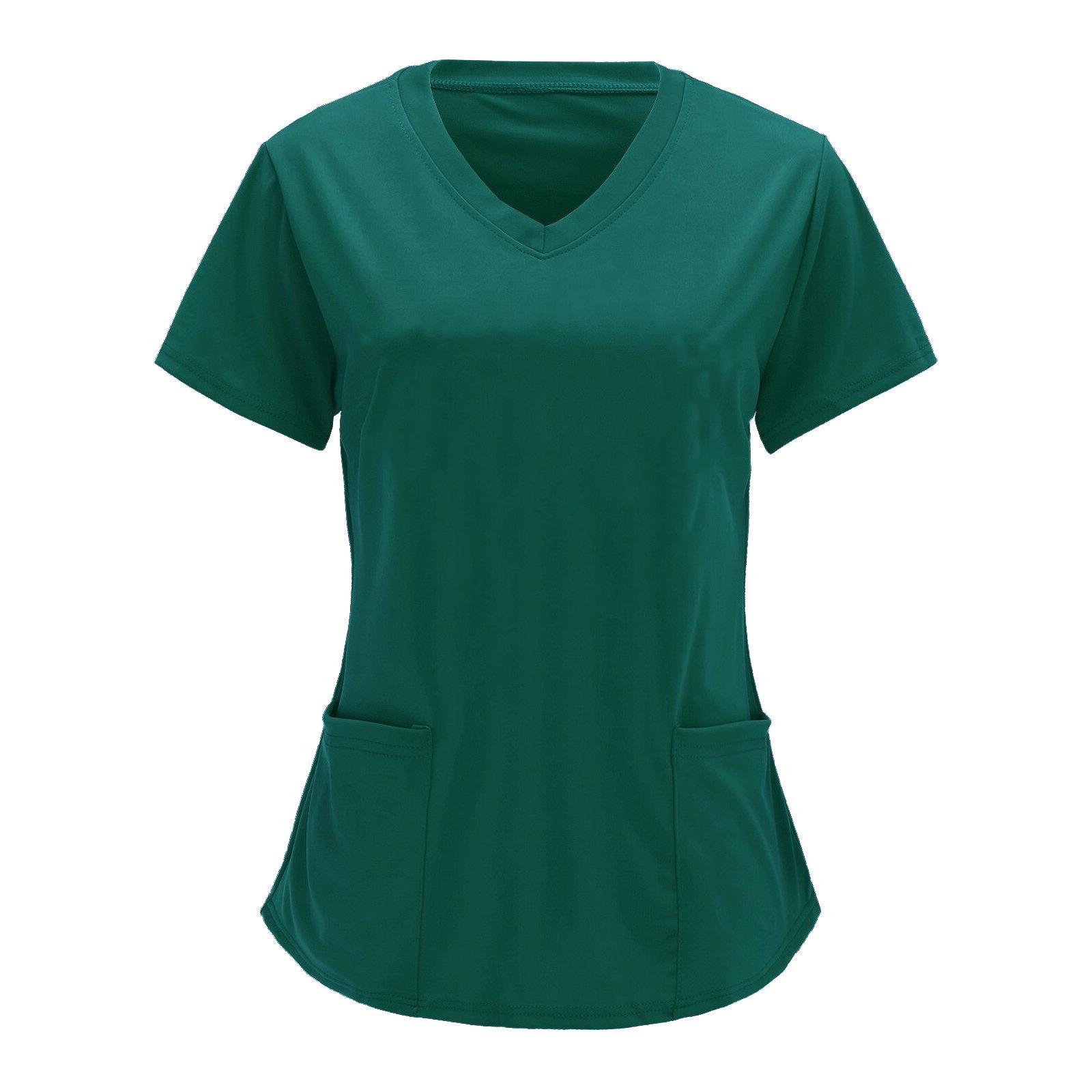 

Європейська та американська робоча сорочка з V-подібним вирізом і великими кишенями в стилі медсестри – жіночі стандартні та великі розміри, однотонні, з короткими рукавами 2XL зелений