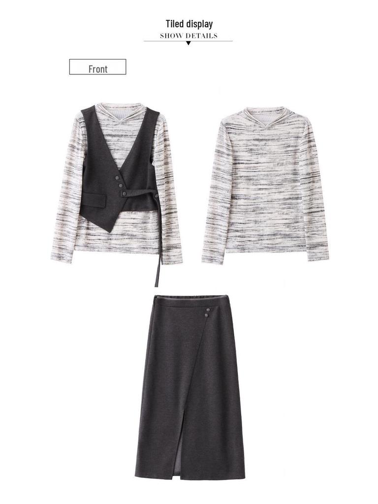 2025 Spring Elegant Long Sleeve Shirt, Vest, and Long Dress Three-Piece Set - SX3095