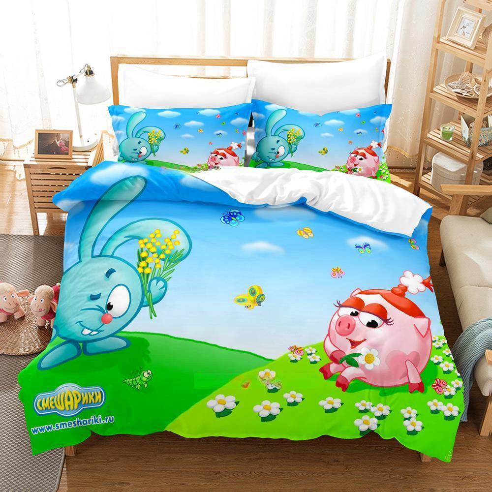 Smeshariki Zestaw pościeli Pojedynczy Bliźniaczy Pełny Queen King Size Zestaw na łóżko Dorosły Dziecko Sypialnia Zestawy poszewek na kołdrę Druk 3D Anime Zestaw prześcieradeł