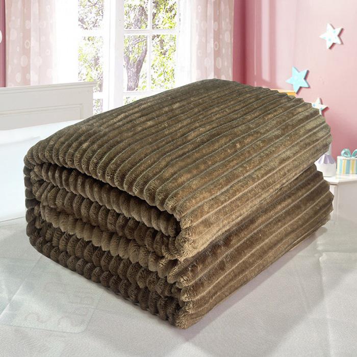 Thickened Flannel Striped Velvet Blanket, Plain Color Coral Fleece
