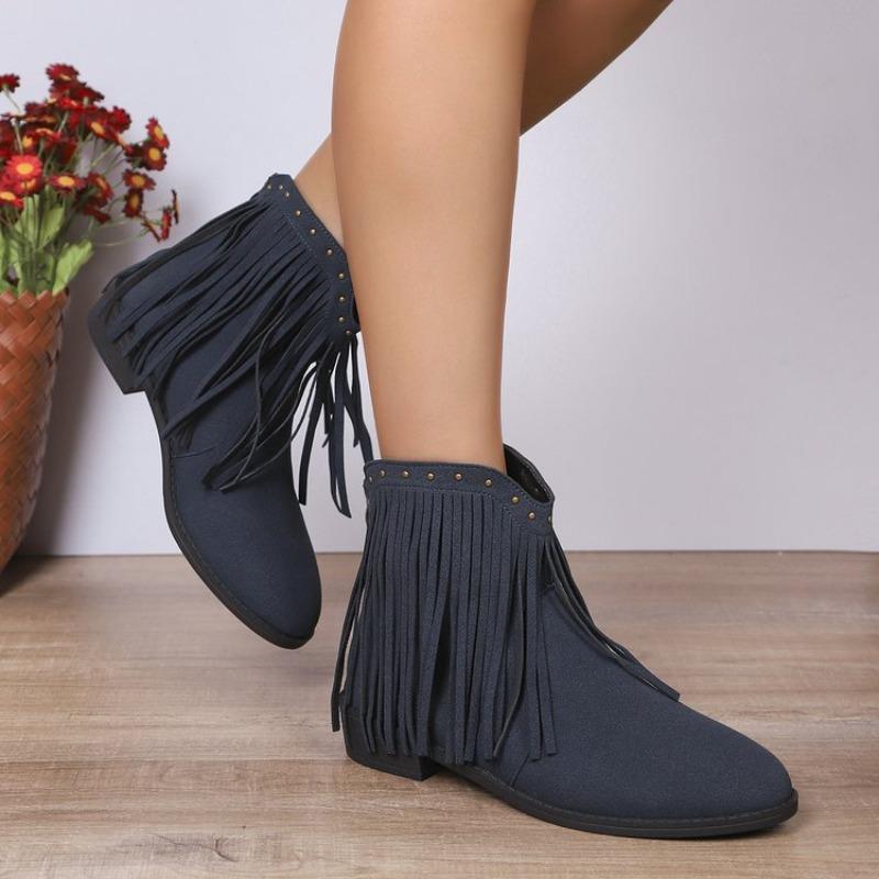 Tassel Booties French Vintage Round Toe Cow Suede Back Zip Soft Sole Non-Slip Block Heel Single 36 темно-синий 2970₽