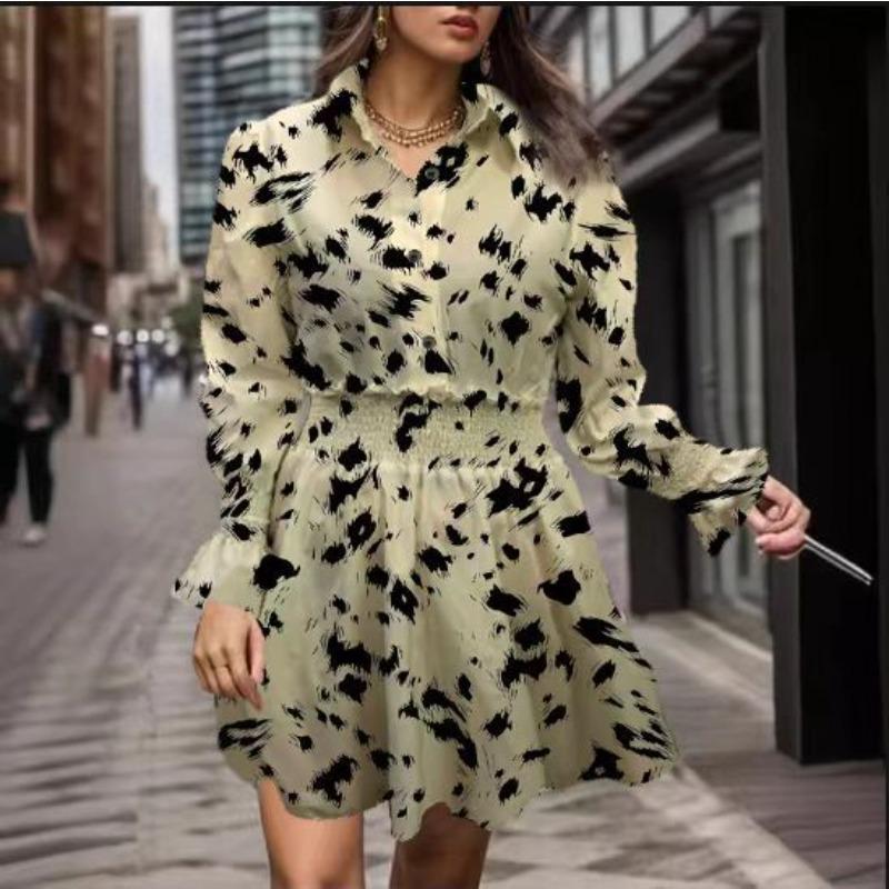 Women's Summer Lapel Three-button Long-sleeved Leopard Print Dress