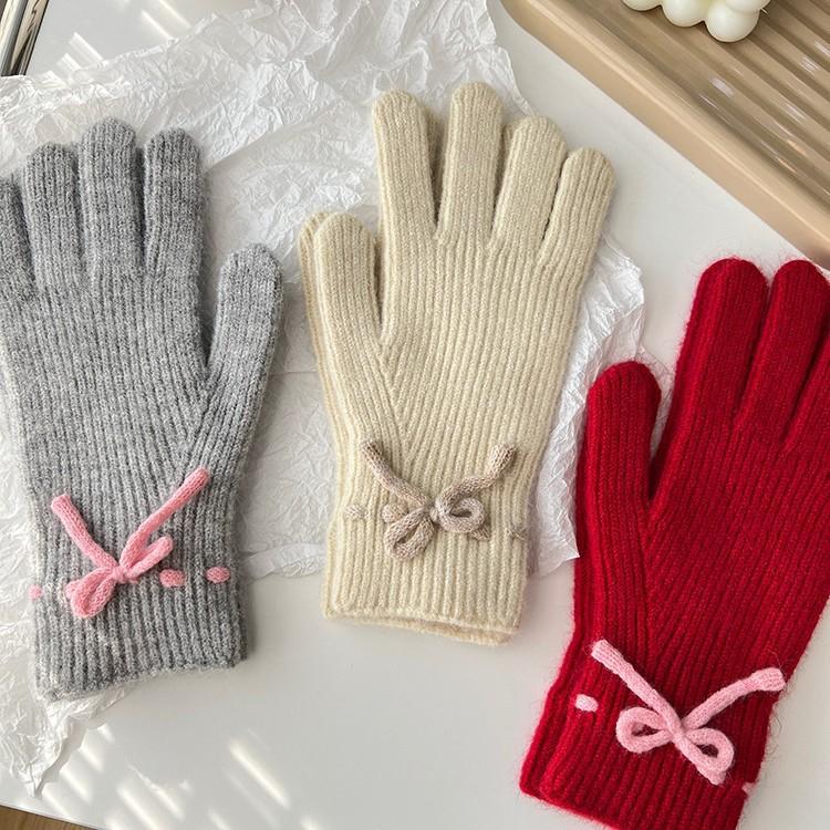 Autumn and Winter New Solid Color Cute Bow Korean Style Sweet Split Finger Touch Screen Student Cold Proof Warm Gloves