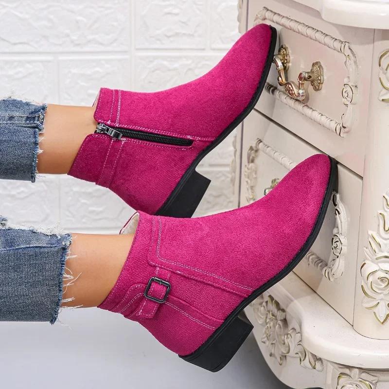 Fashion 2024 Hot Sale Shoes for Women Side Zip Women's Boots Winter Round Toe Suede Solid Short Barrel Low Heels Large Size Naked Boots
