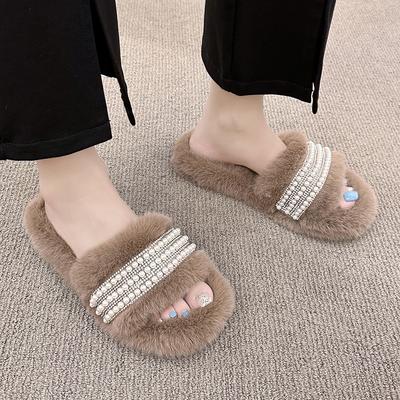 Sapatos de pelúcia com plataforma alta para aumentar a altura, celebridade da internet, chinelos fofos femininos para outono e inverno, calçados externos, estilo ins, para casa, chinelos de pérola antiderrapantes, primavera e