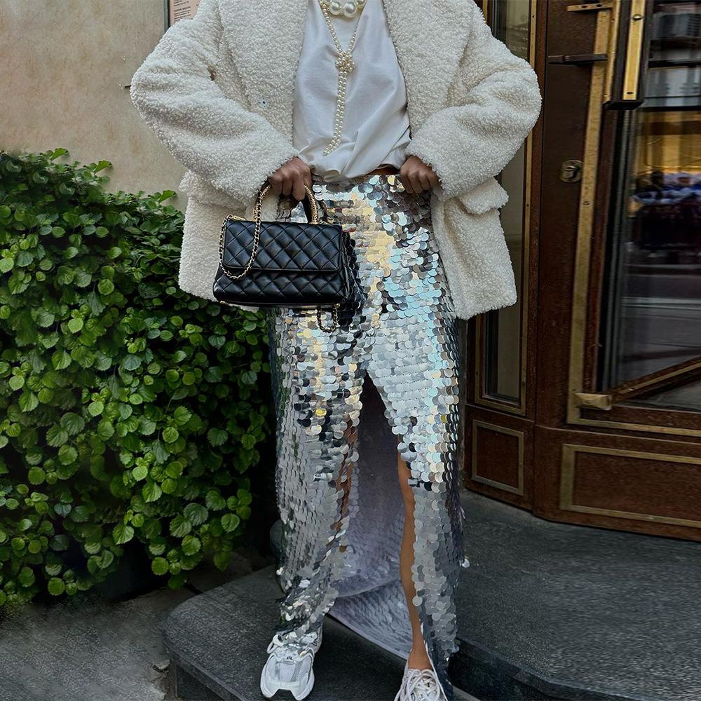 

Женская юбка-полусолнце с пайетками, тренд осени и зимы, длинная юбка с бисером, модная открытая юбка M серебряный