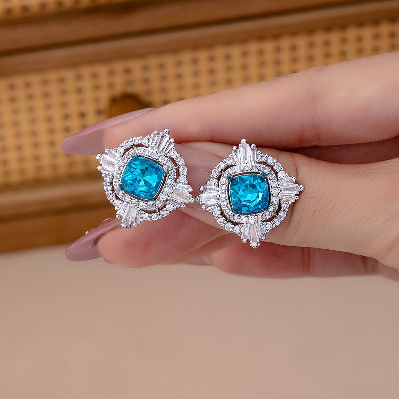 Fashion Inlaid Blue Zirconium Full Diamond Earrings Hollow Design Luxury Stud Earrings Women's Retro Temperament Sea Blue Colored Treasure Earrings