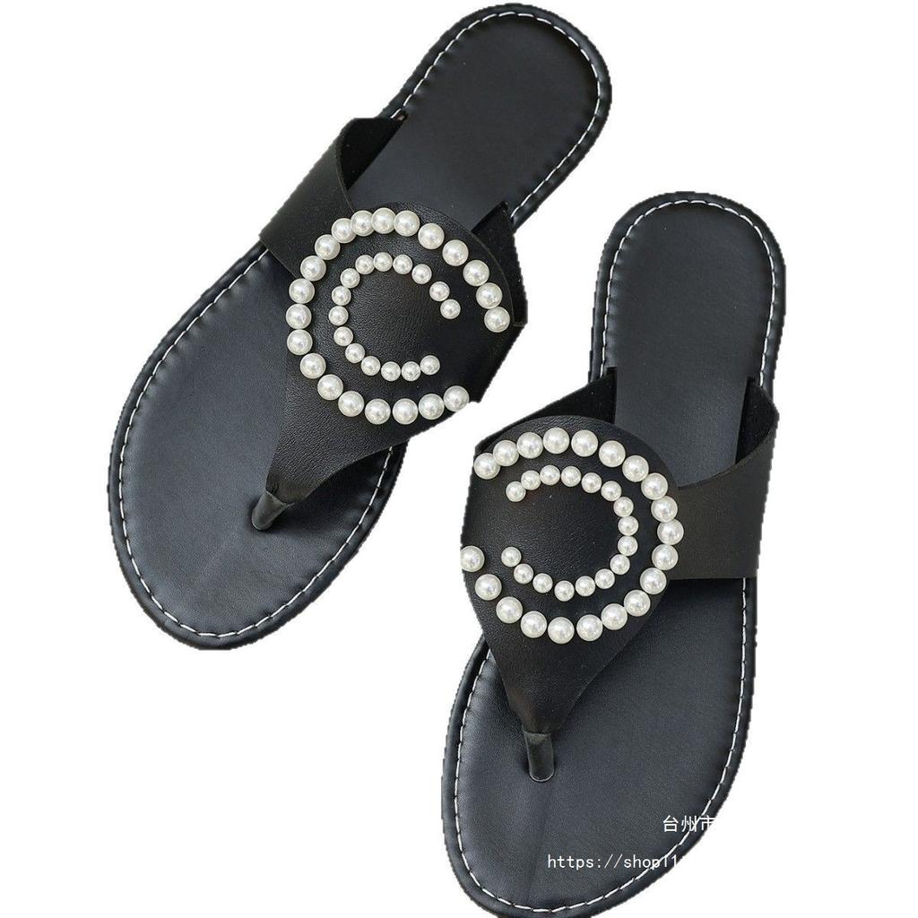 2025 New Fashion Casual Large Size Pearl Toe Solid Color Flat Casual Slippers Fashion Beach Women's Shoes
