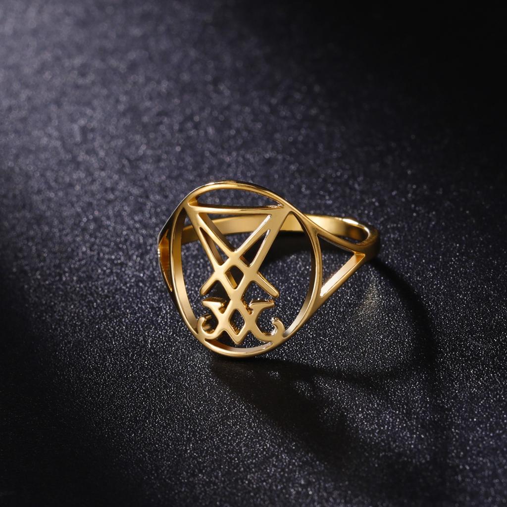 Anelli Gotici in Acciaio Inossidabile con Sigillo di Lucifero Amuleto Satanico Simbolo Demone Diavolo Anello di Satana Gioielli Religiosi Regalo per Festival