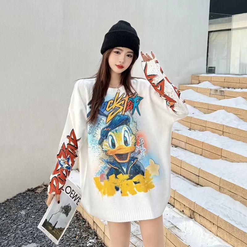 European Trendy Cartoon Drill Embellished Loose Sweater - Autumn/Winter Women's Lazy Style Top