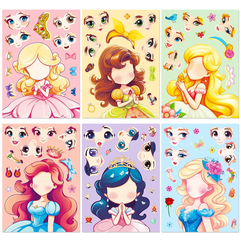 6 Packs Make A Face Children'S Princess Face Change Stickers Shrimp Skin Cartoon Educational Toy Puzzle Stickers