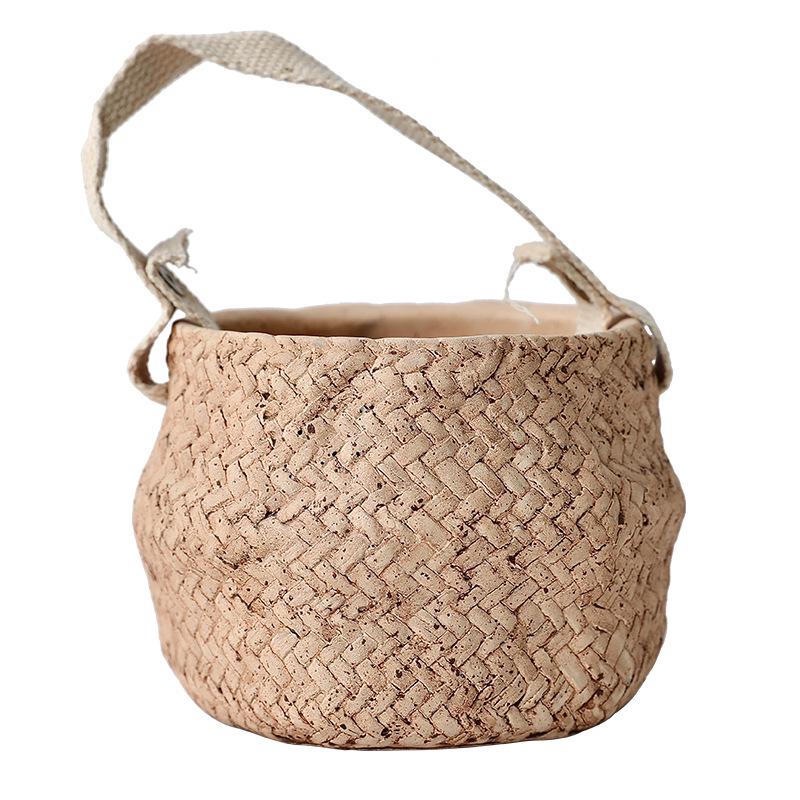Creative Retro Rattan-Style Cement Flower Pot, Straw-Woven Hanging Basket with Handle for Plants and Flowers
