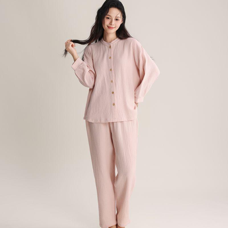 Womens Lightweight Cotton Pajama Set V-Neck Long Sleeve Loose Lounge Wear