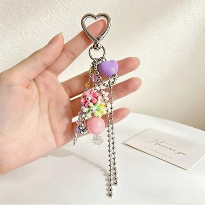 Cute Pastel Flower Beaded Bag Charm Women Shape Carabiner Multi Tassel Ball Chain Backpack Key Accessories Bag Charm
