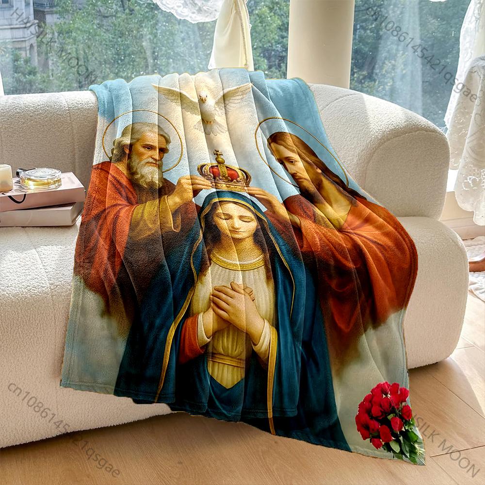 1PC Crowning of Mary Holy Spirit Faith-printed Flannel Blanket Soft and Warm Suitable for Home Travel Picnics Camping and RV