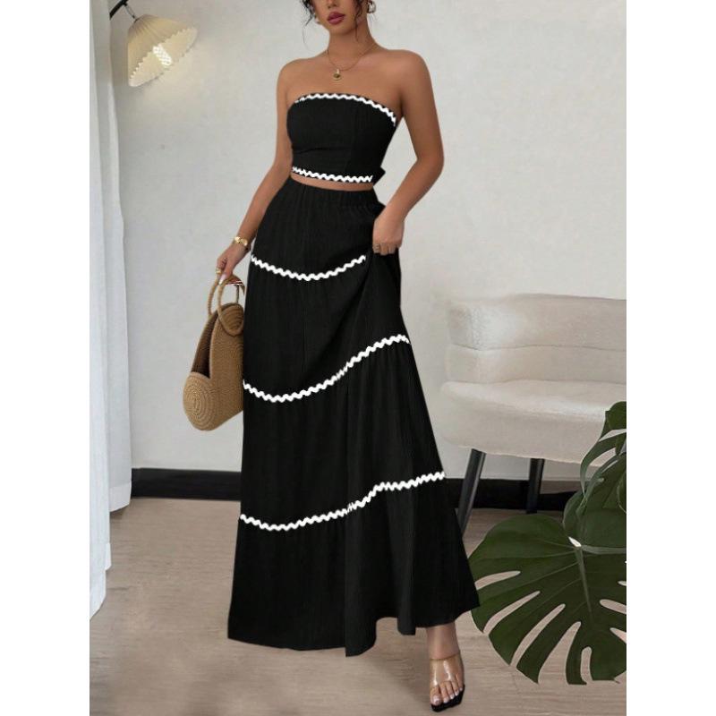 2026 Summer European & American Holiday Casual Strapless Lace Patchwork Long Dress & Two-Piece Women's Set