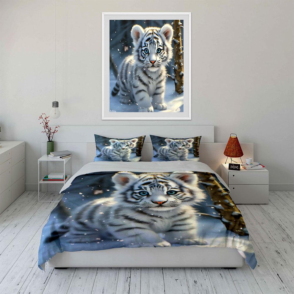 White Tiger Art Decor Set Soft Comfortable Duvet Cover Bedding Set Included 1*Duvet Cover & 2*Pillowcases, Gift