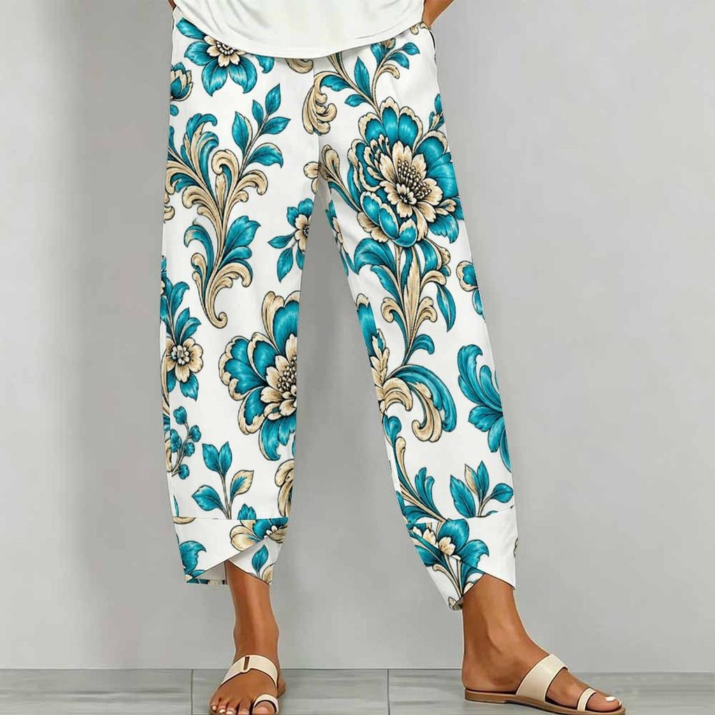 Women Plus Size Loose Fit Floral Paisley Printed Cross Hem Cropped Pants