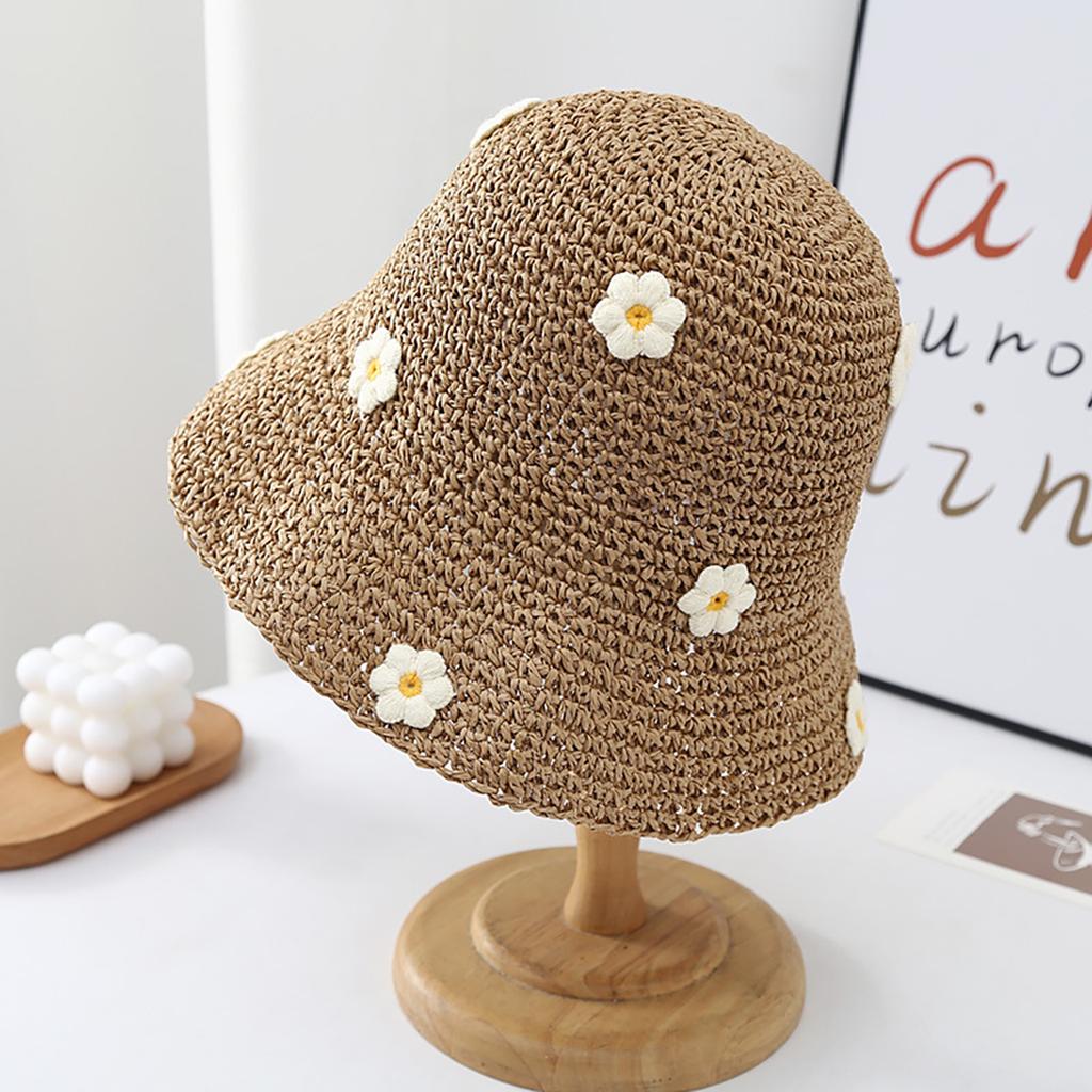 Fashion Flower Straw Hat for Women Summer Solid Color Wide Brim Sun Visors Breathable Bucket Cap Girls Travel Outdoor Basin Hat