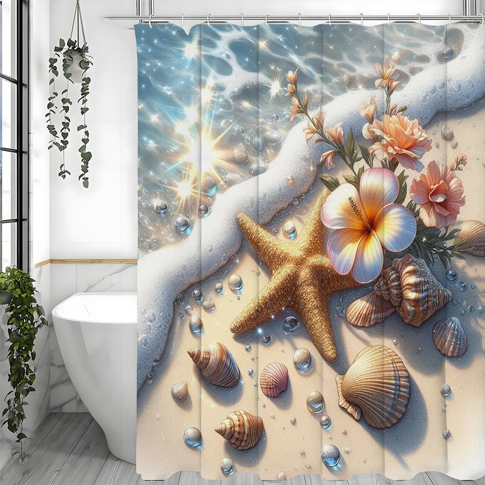 Kreativer Strand Seestern Duschvorhang Waschbar Schmutzabweisend Duschkopf Wasserdicht Polyester Badvorhang Für Heimdekor