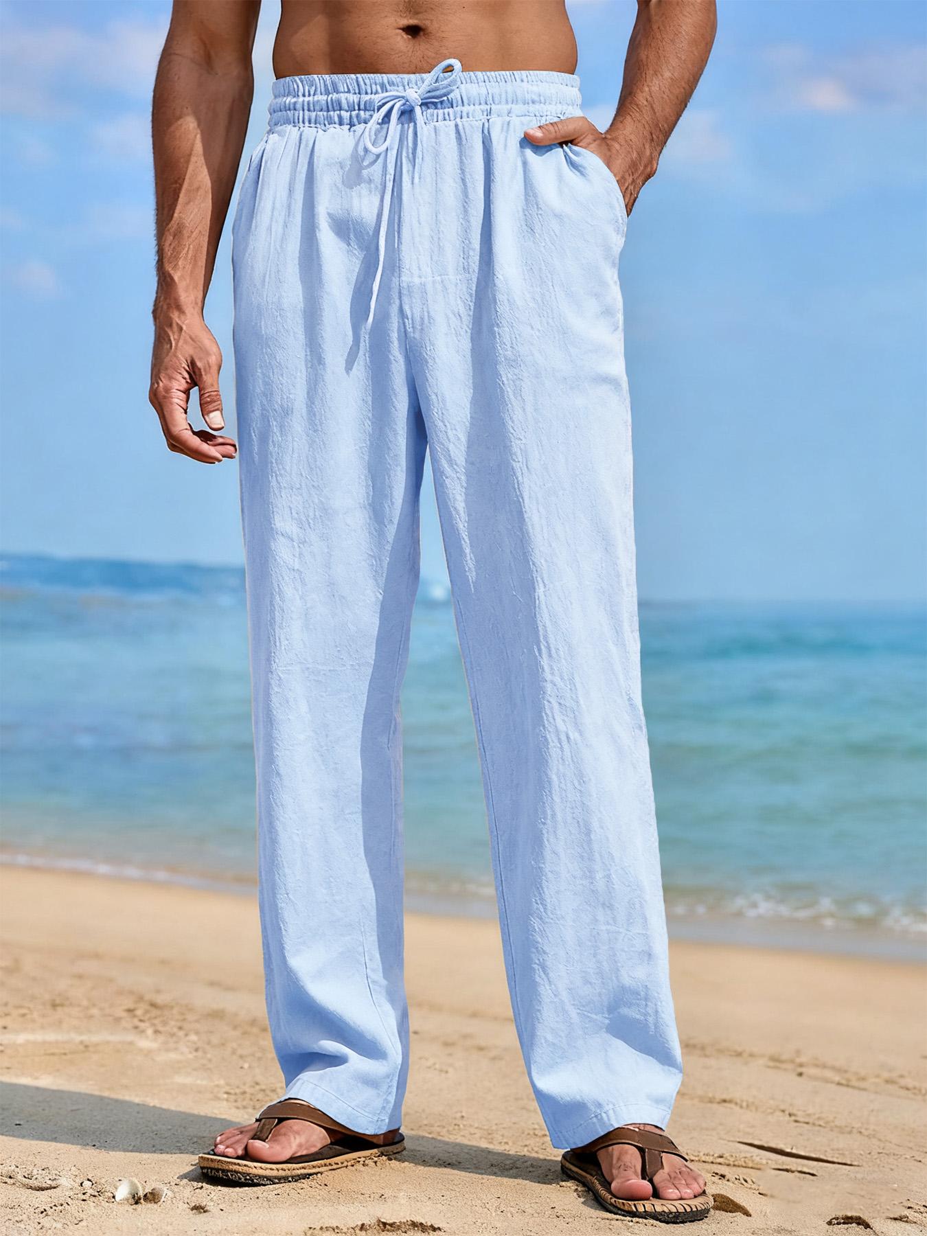 King Billion Zomer Heren Linnenmix Rechte Broek Strand Lichtgewicht Ademend Casual Broek met Elastische Taille Trekkoord Sluiting voor Comfort de Hele Dag M hemelsblauwe kleur