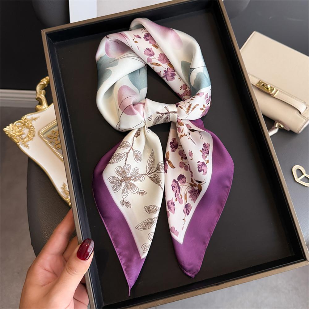Luxury Floral Print Female Satin Neck Scarf Square Hair Scarves Foulard Head Band Shawls Wraps Neckerchief Bandana Women