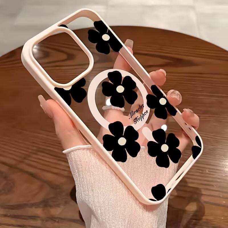 For Samsung S26 S25 Ultra Black Floral Pattern Phone Case for Galaxy S25 FE S26 S24 S23 Plus Magnetic Wireless Charging Cover