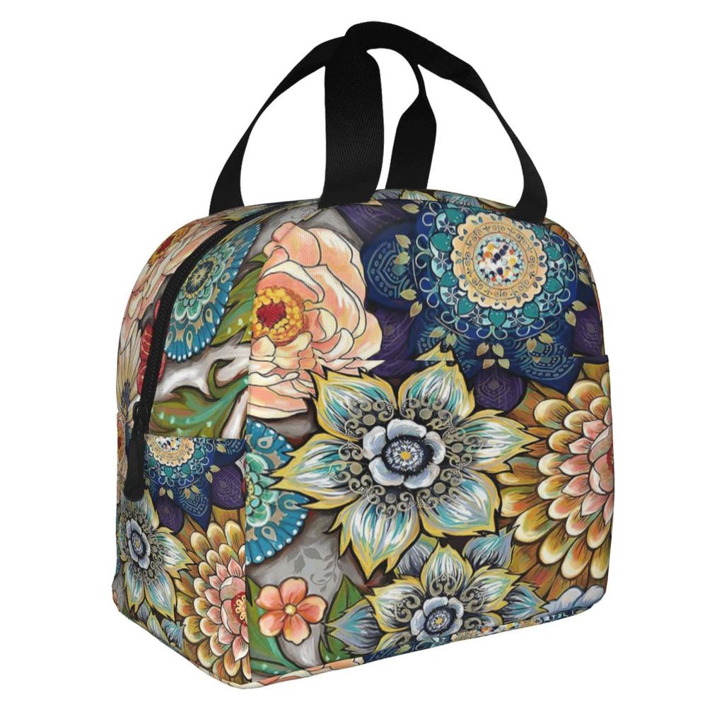 Decorative Boho Floral Print Lunch Bags Insulated Bento Box Lunch Tote Leakproof Picnic Bags Thermal Bag for Woman Girl School