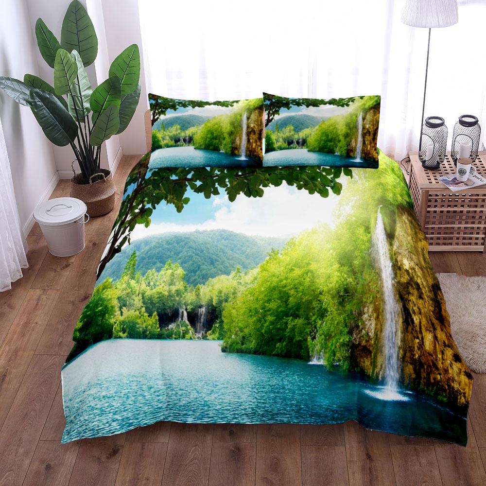 Nature Waterfall 3 Bedding Set King Queen Double Full Twin Single Size Bed Linen Set