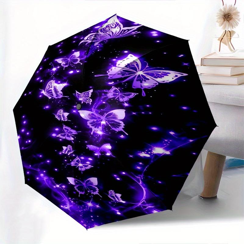 Butterfly, Sparkle Automatic Folding Umbrella 8 Ribs, Durable Iron Frame, Bright Color Pattern Compact Travel Umbrella, Suitable for Outdoo