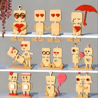Valentinstag Holzmann Ornament Handgefertigt Bauernhaus Rustikal Paar Roboter Figur Tischschild Heim Büro Schreibtisch Dekoration