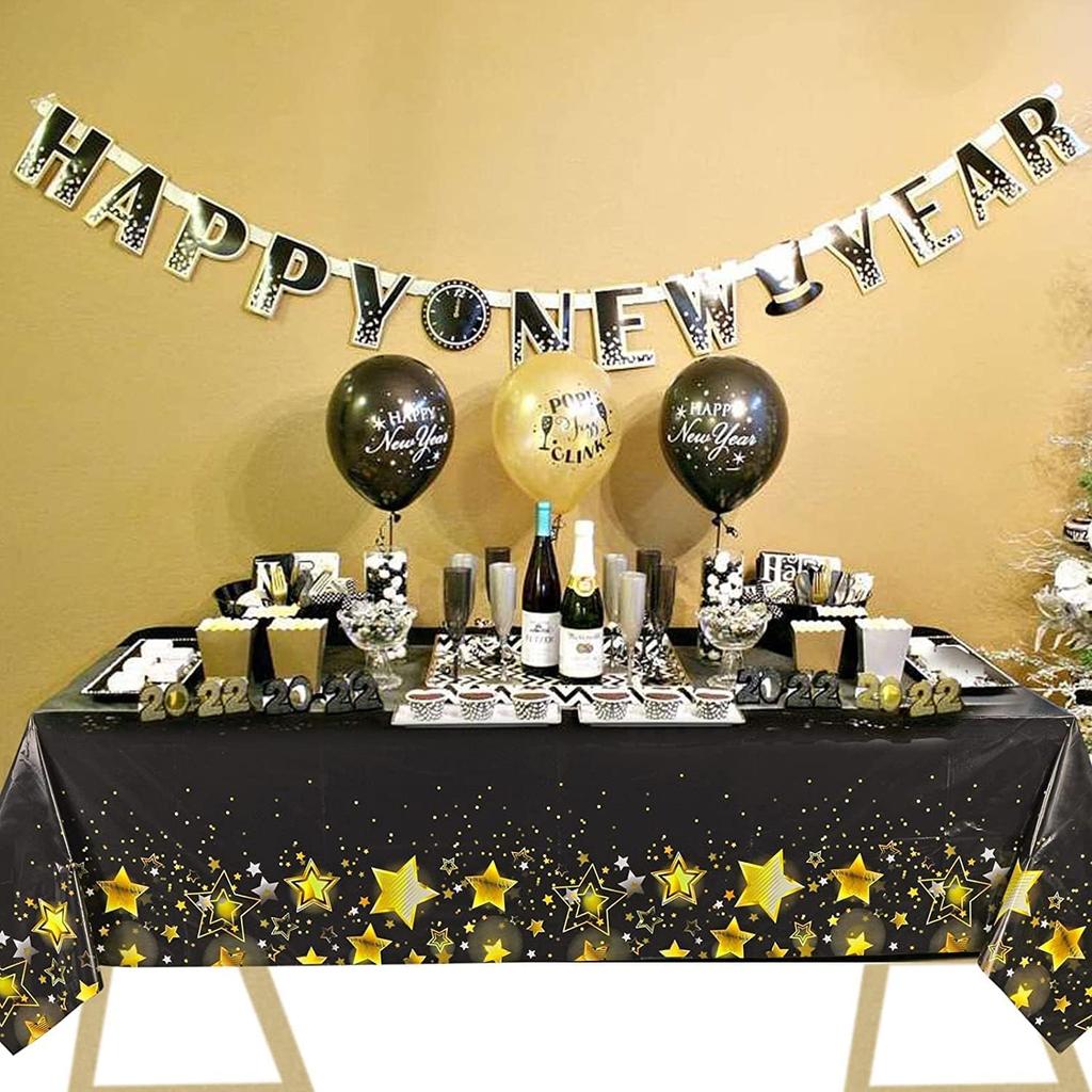 2Pack Black and Gold Tablecloth for Rectangle Tables, Plastic Disposable Star Table Covers for Birthday, Wedding, Anniversary, Picnics, Graduation,