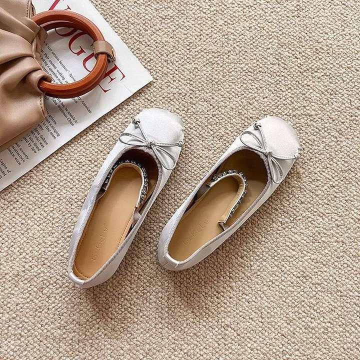 4Cm small man invisible height increase ballet shoes women 2025 rhinestone bow light mouth satin outer wear single shoes women