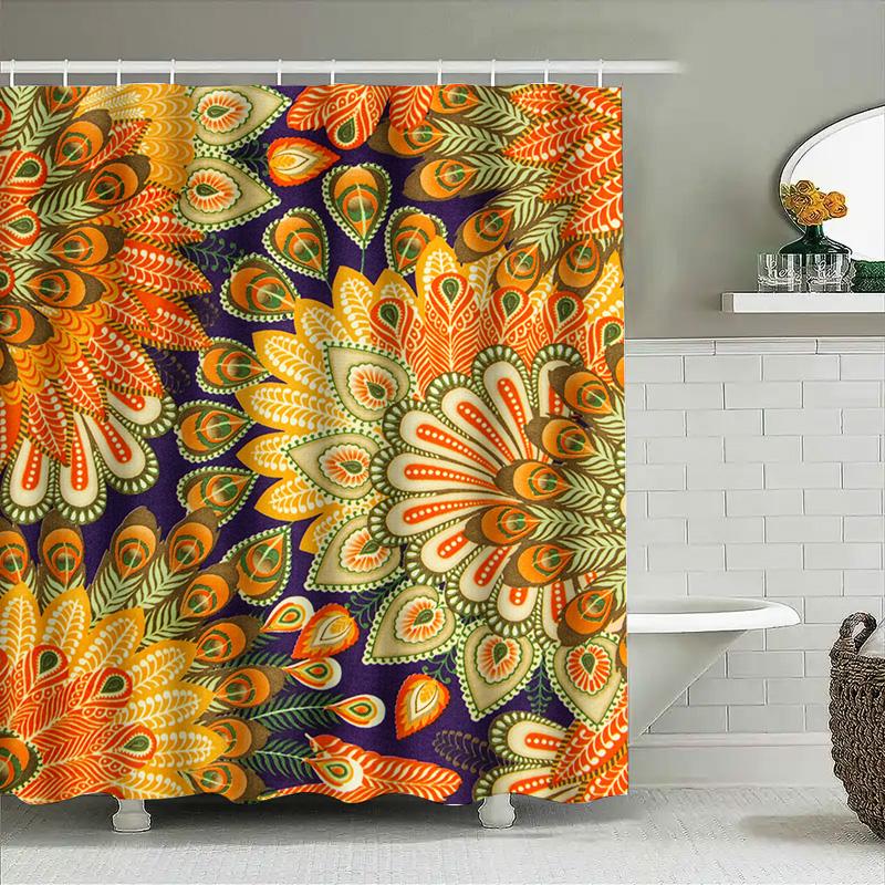 Decorative Shower Curtain With Colorful Mandala Design For Bathroom Decor Orange, Green, Yellow, Red Patterns On Navy Blue Backg