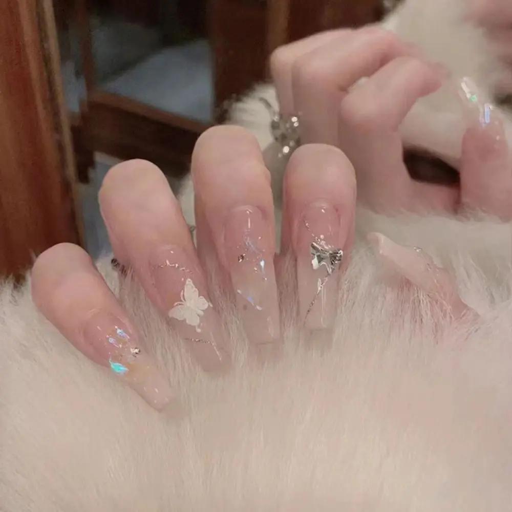 24Pcs Sweet Pink Almond Fake Nails Stiletto Pink Bowknot French Cute Pearl Bows Fake Nails Girls Women Wearable Manicure
