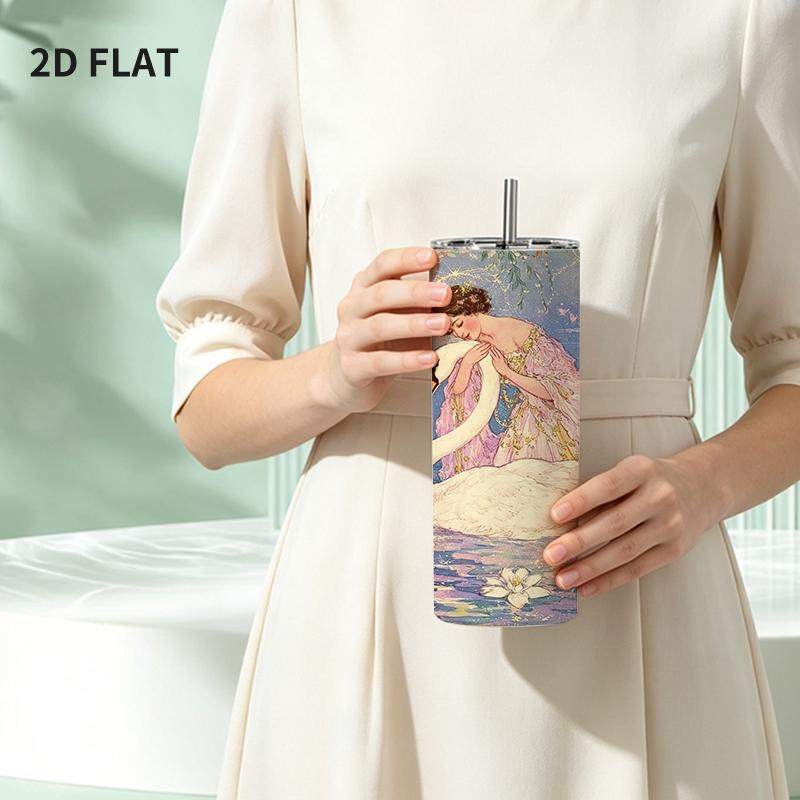 Straight Cup 591ml Pink Dress Girl Swan Pond Flower Element Straw CupTravel Beach Cool Cup Double Vacuum Tumbler Commuter Car Cup Straight Cup 591ml