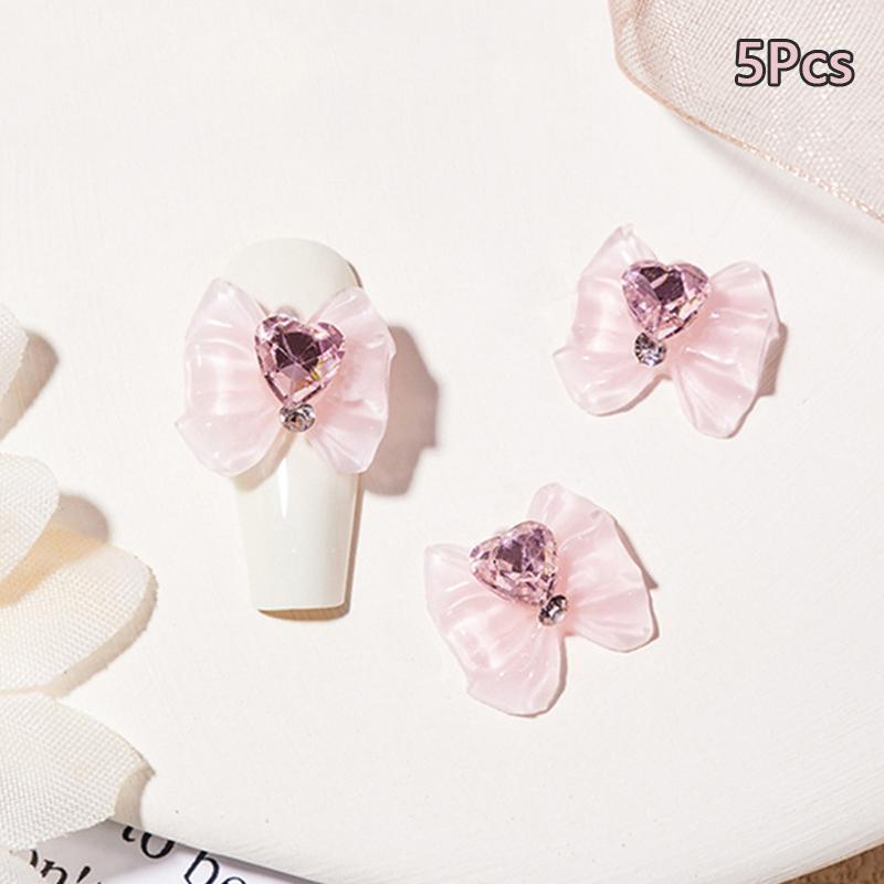 

5 шт. 3D смоляные бантики с блестящим сердцем и жемчугом, украшения для нейл-арта, роскошные шармы для маникюра в женском нейл-салоне розовый