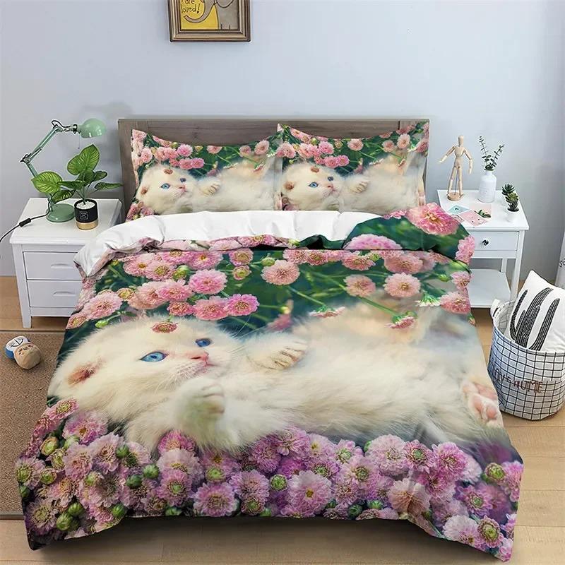 3D Cat Print Duvet Cover Floral Bedding Set Twin Full For Kids Girls Boys Room Luxury Microfiber Quilt Cover