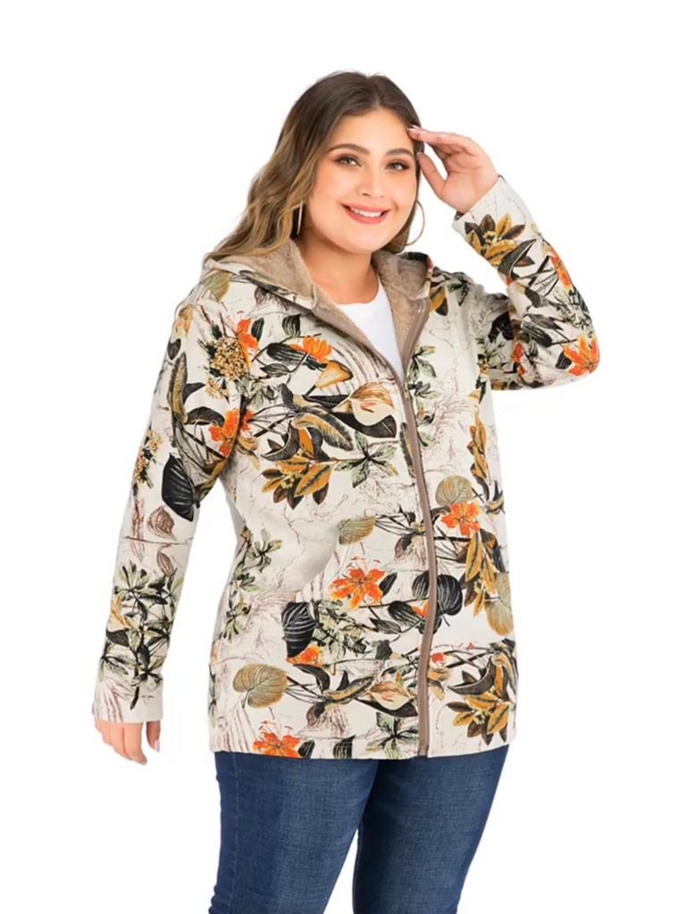 Casaco com Capuz Estampado Jaqueta de Manga Comprida Oversized Vintage Roupa Feminina Outono Inverno Quente Jaquetas Femininas Moda Streetwear