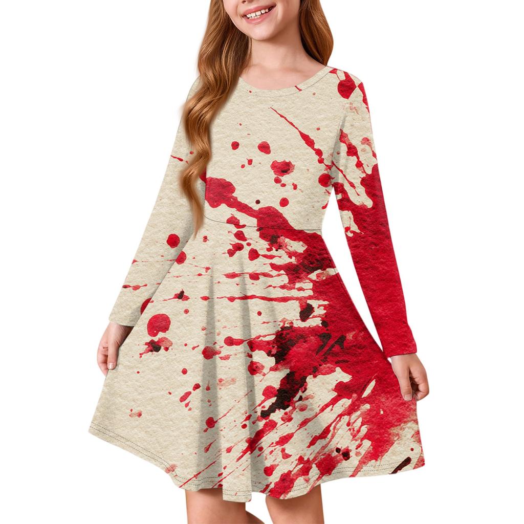 Girls' Summer Princess Dress Halloween Day- Long Sleeve A-Line T-Shirt Dress