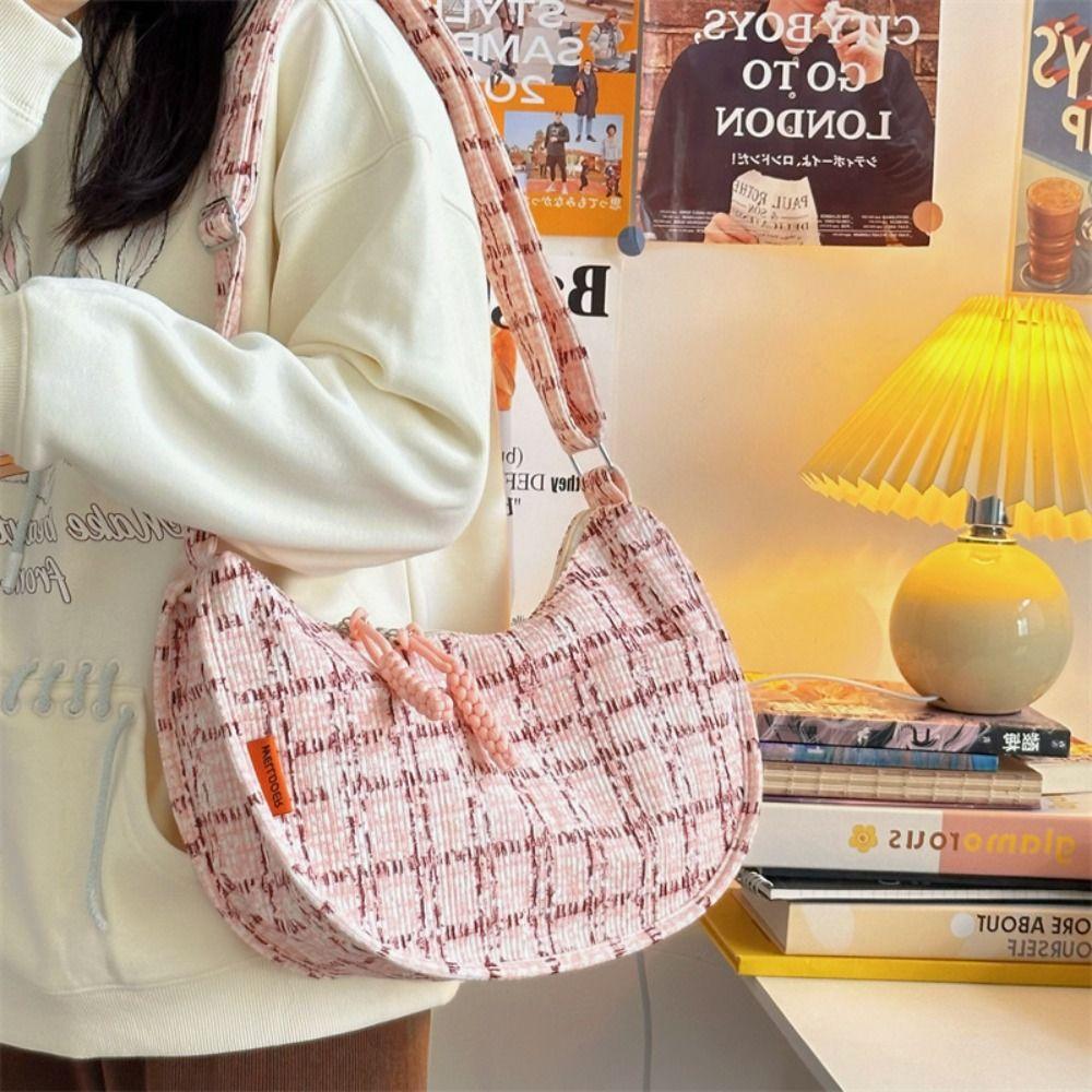 Plaid Half-moon Shoulder Bag Handbag Canvas Dumpling Bag Simple Hobos Crossbody Bag Girls