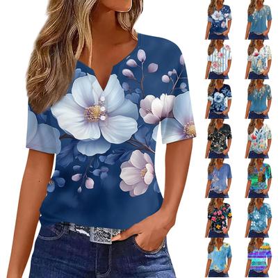 Women's T Shirt Print Button Short Sleeve Daily Weekend Fashion Basic V-Neck Regular Top