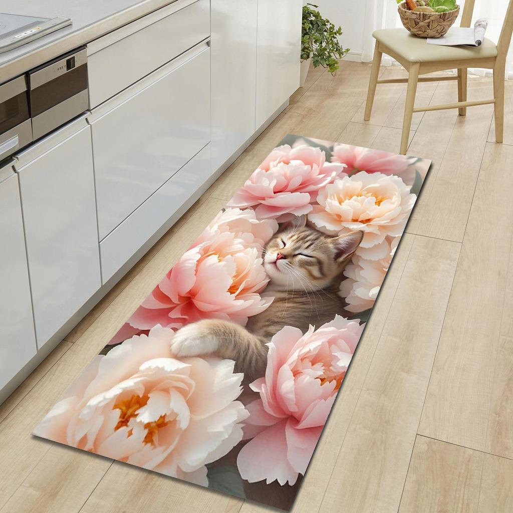 1Pcs Cute Cat Pattern Floor Mat Modern Kitchen Polyester Rug Non-Slip Colorful Indoor Carpet, For Home Bathroom Bedroom Living Room Decor