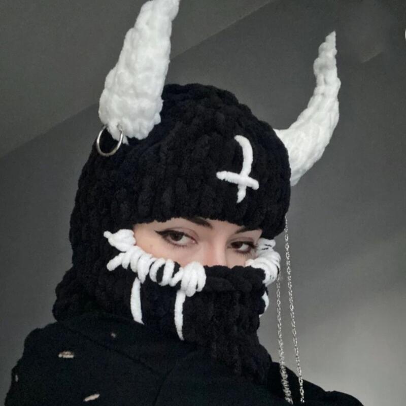 New Hand-Knitted Velvet Rabbit Ear Hat with Devil Horns - Warm, Thick, Sweet, and Stylish Spicy Girl Face Mask